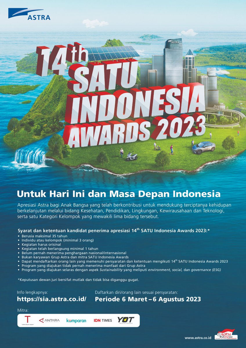 onnowpurbo's tweet photo. Kalau anda melihat rekan/saudara anda yang umur <35 tahun + inspiratif
Usulkan untuk bisa menerima SATU Indonesia AWARDS
https://t.co/EMjjhkGz29
Pengusulan akan di tutup terakhir 6 Agustus 2023
(semoga semakin banyak bidang teknologi yang bisa masuk) https://t.co/wVWlF579f4