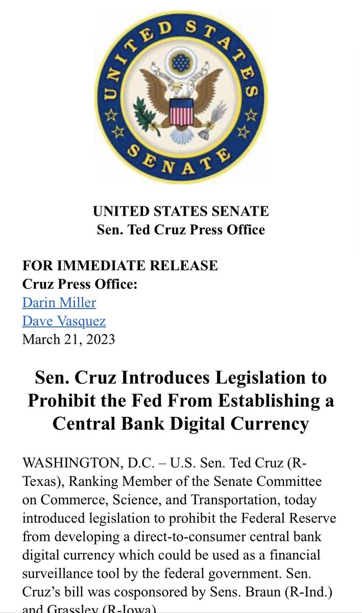 TexasCrypto1's tweet photo. BREAKING: Senator @tedcruz 
Introduces Legislation to Prohibit the Fed From Establishing a Central Bank Digital Currency #CBDC @federalreserve https://t.co/8gcDvI6weg