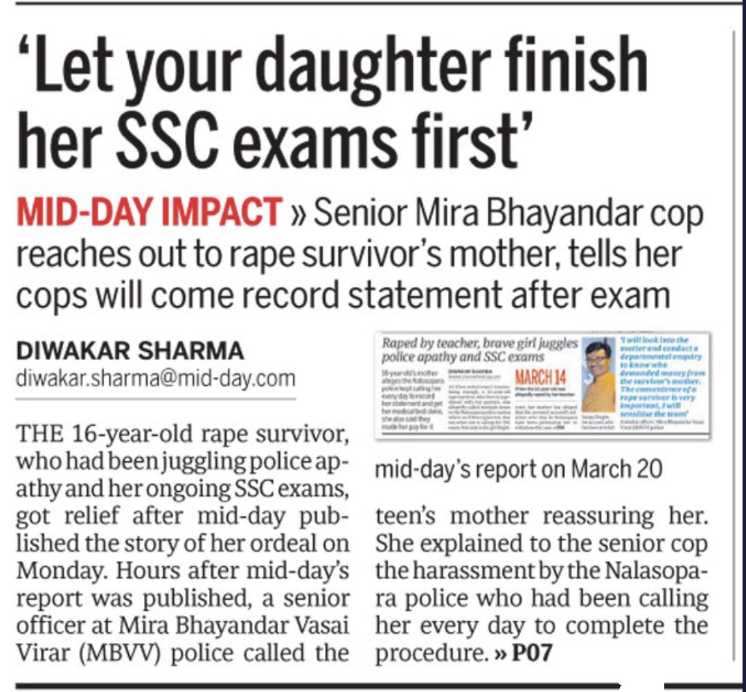 DiwakarSharmaa's tweet photo. mid-day #impact >> Senior #MBVV_police officer reaches out to #rape_survivor's mother, tells her cops will come to her to record statement after #SSCexams are over.
#MumbaiPolice #NirbhayaSquad didn’t HELP the minor when she visited #Jogeshwari and #Vanrai pol stns. No #Zero_FIR https://t.co/VufCbtUlse