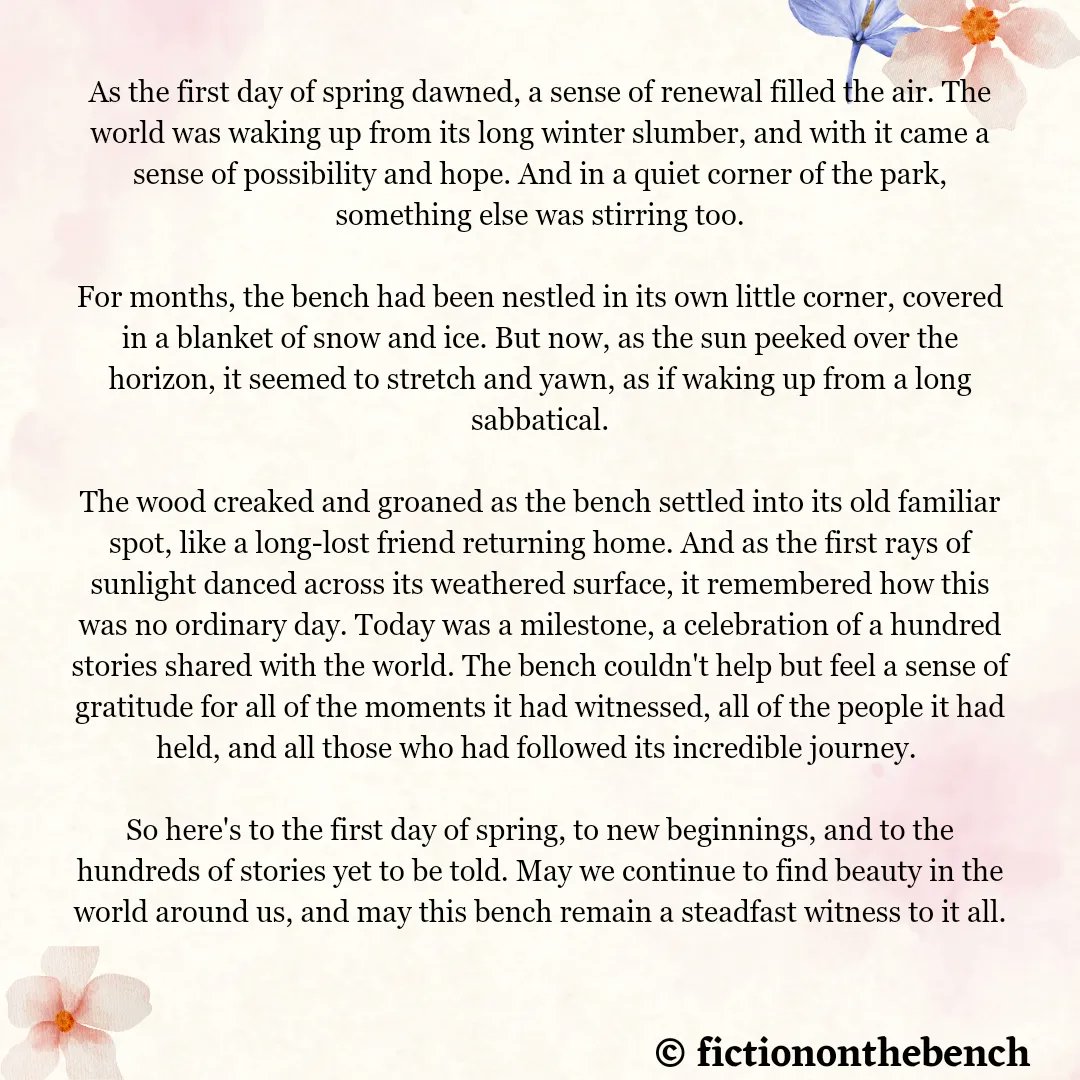 Bench Fiction: 'First Day of Spring & a Milestone'

#fictiononthebench #microfiction #100wordstories #flashfiction #benchtales #writing #WritingCommmunity #FirstDayofSpring #gratitude