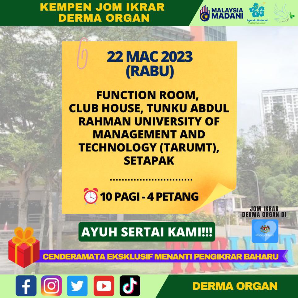 🔊𝐊𝐄𝐌𝐏𝐄𝐍 𝐉𝐎𝐌 𝐈𝐊𝐑𝐀𝐑 𝐃𝐄𝐑𝐌𝐀 𝐎𝐑𝐆𝐀𝐍

📆 22 Mac 2023 (Rabu)
⏰ 10.00 pagi hingga 4.00 petang
📍Function Room Club House, Tunku Abdul Rahman University of Management and Technology (TARUMT), Setapak

𝑺𝒂𝒕𝒖 𝑰𝒌𝒓𝒂𝒓 𝑺𝒆𝒋𝒖𝒕𝒂 𝑯𝒂𝒓𝒂𝒑𝒂𝒏

#dermaorgan