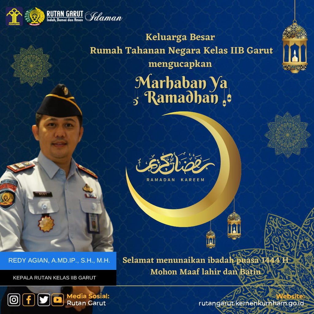 rutan_garut's tweet photo. Keluarga Besar Rumah Tahanan Negara Kelas IIB Garut mengucapkan 

Marhaban Ya Ramadhan

Selamat menunaikan ibadah puasa 1444H
Mohon maaf lahir dan batin.

Kemenkumham Jabar
R. Andika Dwi Prasetya
#KemenkumhamJabar
#RAndikaDwiPrasetya
#marhabanyaramadhan https://t.co/U8HgnAo8tz