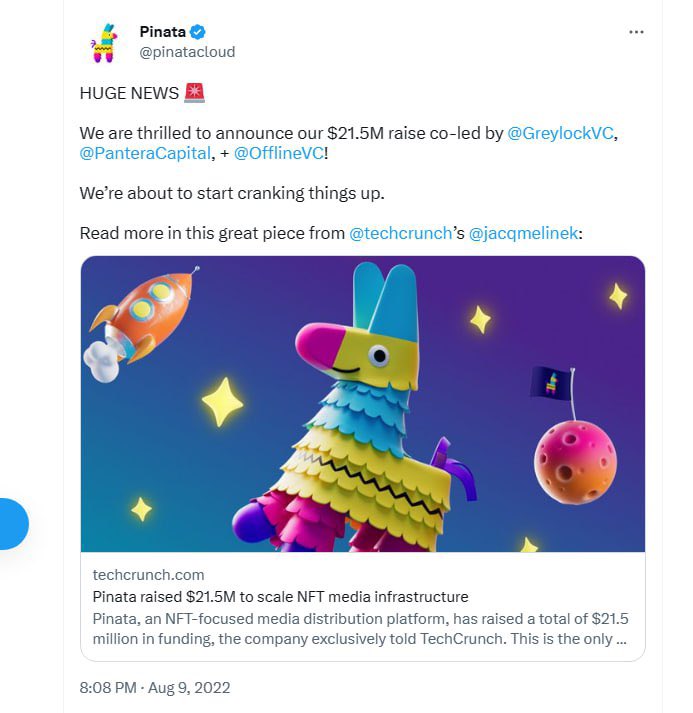 Pinata - nền tảng NFT được xây dựng trên hệ sinh thái zkSync

Tháng 8 năm ngoái, Pinata đã Raise thành công 22M$ từ các quỹ Tier 1 như Pantera, Greylock,...

👇 Dưới đây là hướng dẫn săn Retroactive nghìn $ trên Pinata, nếu thấy hữu ích có thể Retweet để lưu lại: