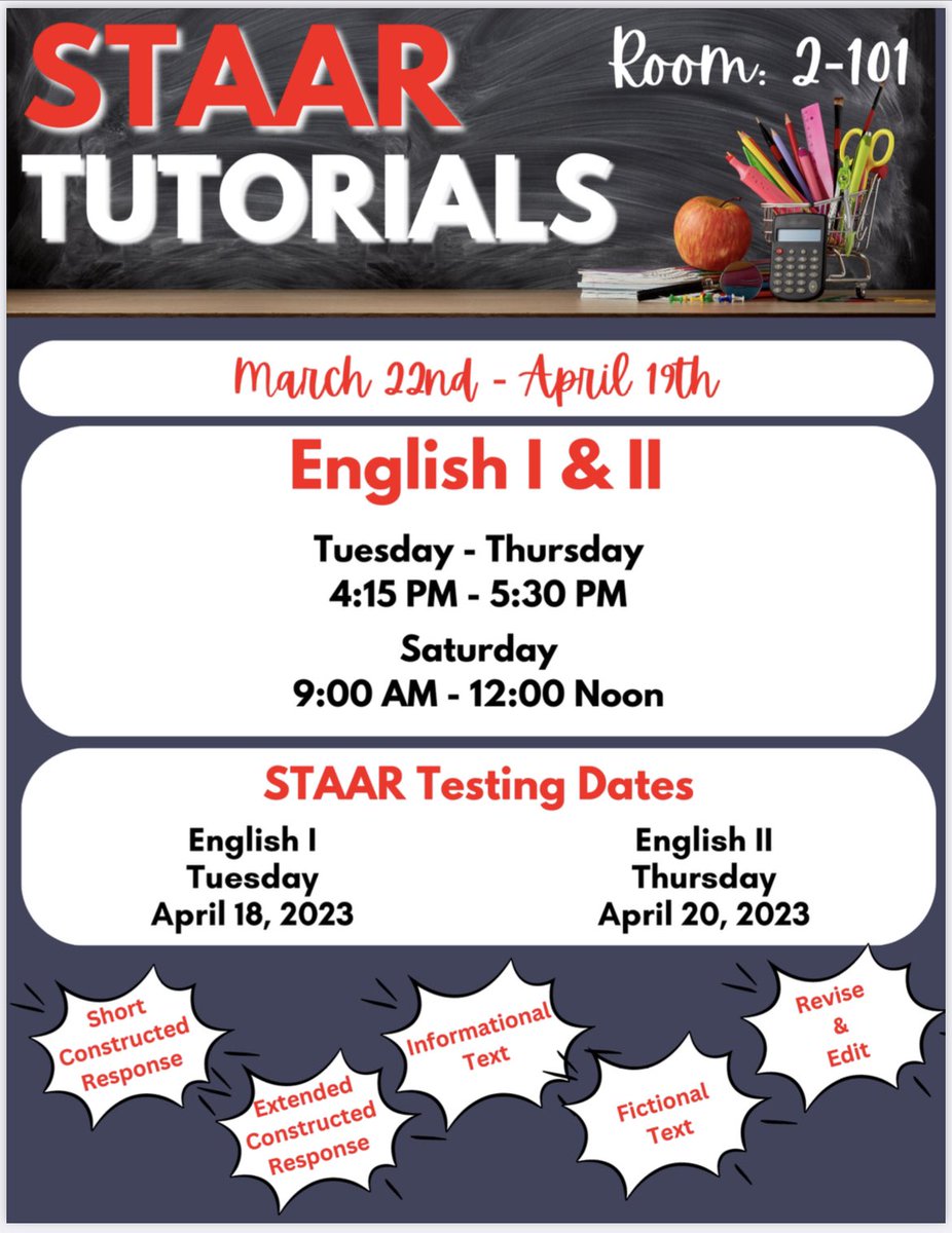 HHS is holding after-school and Saturday STAAR tutorials to support our English I and II students. All lessons are planned to best meet our students’ needs. Please see your English or Practical Writing teacher for more information.
