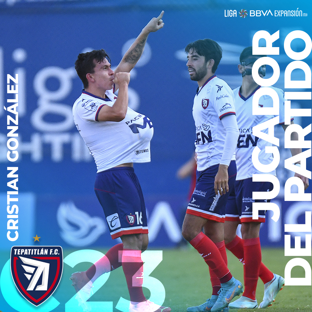 LigaMXExpansion's tweet photo. #JugadorDelPartido 🔝😮‍💨🏔️

Cristian González le dio una victoria valiosa a @TepatitlanFC, el tanto en el Tepa Gómez fue clave para escalar peldaños y meterse en el quinto lugar de la tabla general. https://t.co/ZHyVJaKPfp