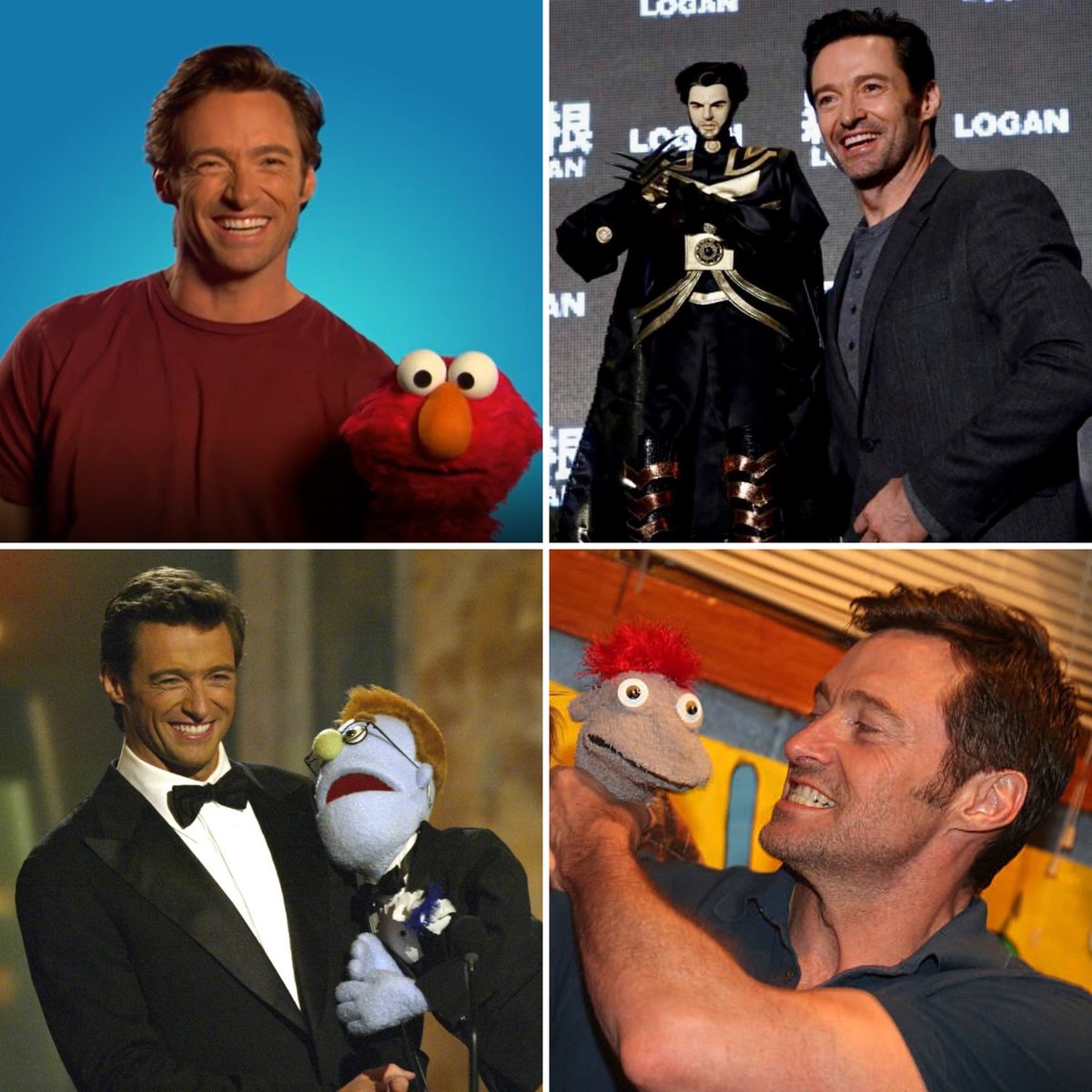 JackmansLanding's tweet photo. We’ll end the day with something fun! Today is #WorldPuppetryDay & Hugh has met his share of puppets over the years. 😁 Clockwise from upper left, Hugh poses with #Elmo, a #Wolverine puppet, Tyrone from #HandtoGod & the #AvenueQ puppet. #HughJackman
📷: PBS, Getty & Reuters https://t.co/PpACLHryiZ