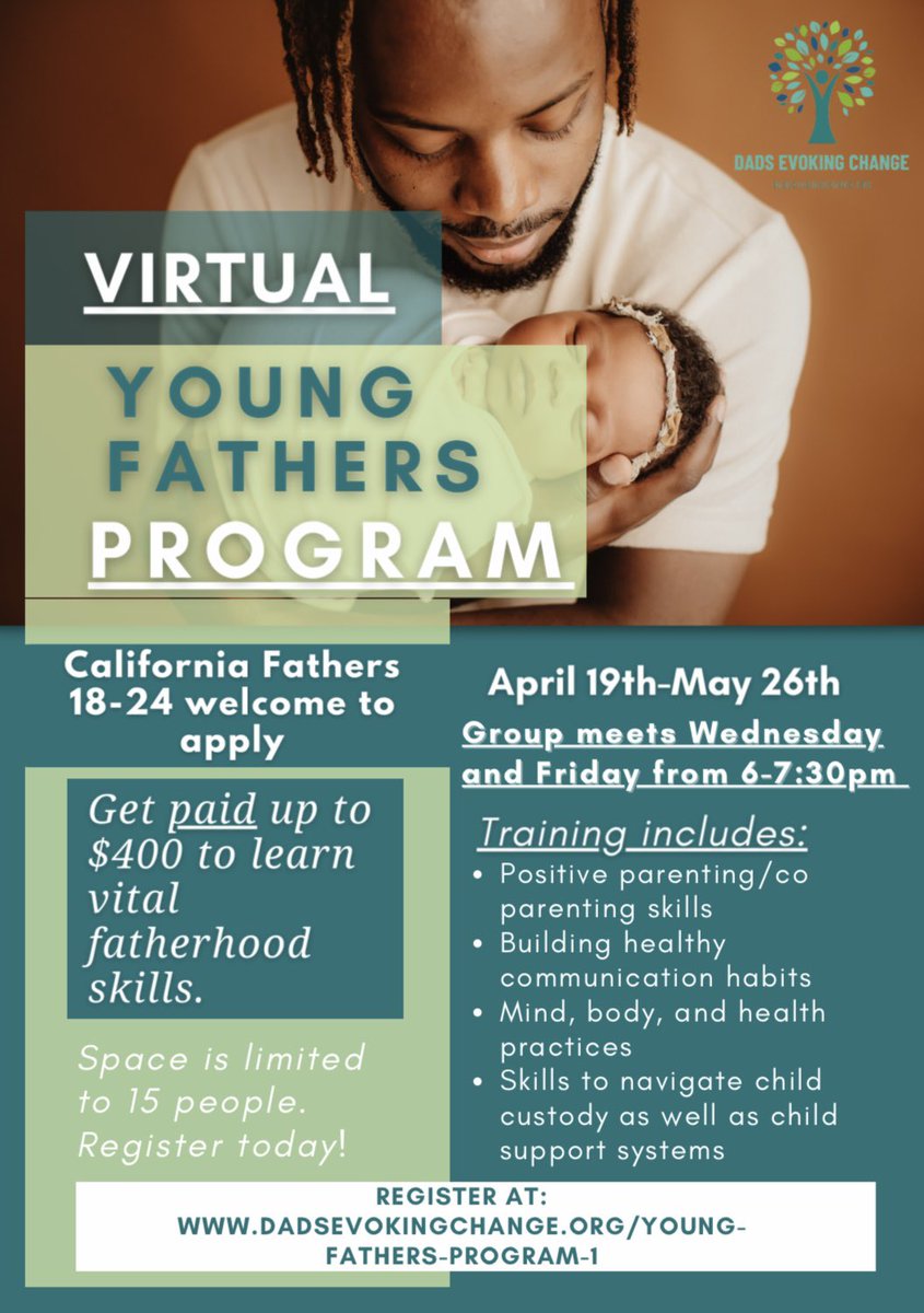 ‼️Attn: Fathers 18-24 in CA.
This PAID, virtual fatherhood support group is for YOU! Begins 4/19/23
so register NOW at: dadsevokingchange.org/young-fathers-…