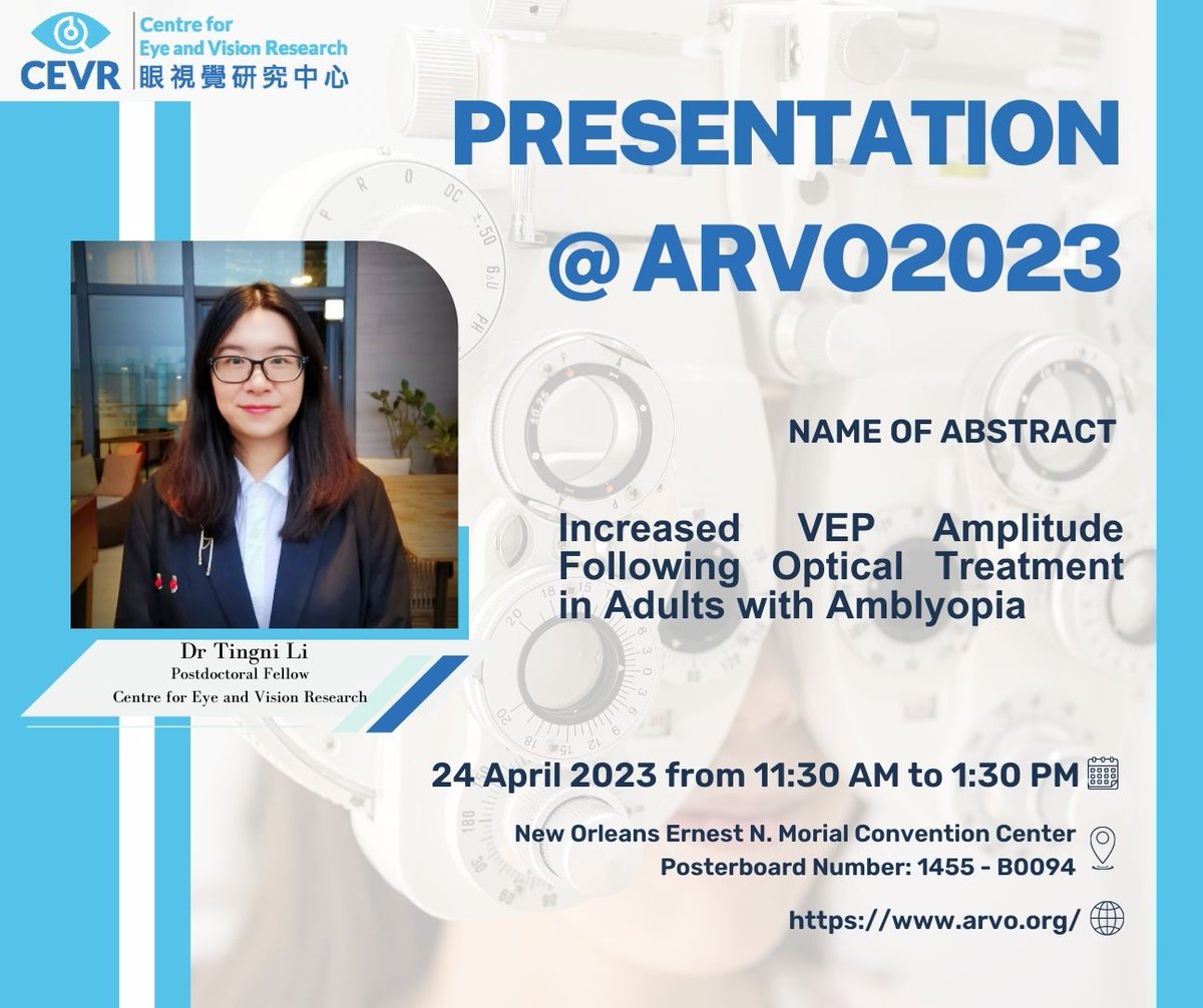 CEVR is happy to share that one of our abstracts titled 'Increased VEP amplitude following optical treatment in adults with amblyopia' has been accepted for presentation during #ARVO2023 Annual Meeting! Save the date and come to list our research!  #eyeresearch  #Amblyopia