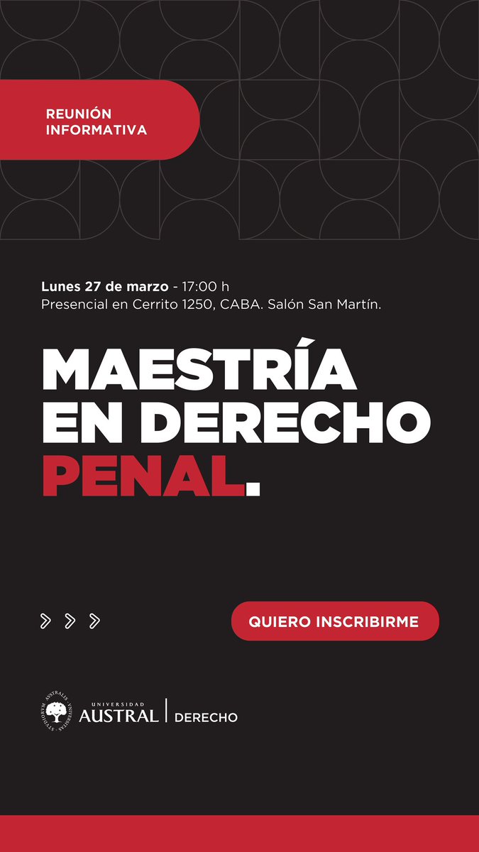 *Reunión informativa | Maestría en Derecho Penal 2023*
 
*Fecha:* lunes 27 de marzo.
*Hora:* 17:00 h (GMT-3)
*Modalidad*: Presencial en Sede Cerrito 1250. Salón San Martín.
 
*Más información:*
Julieta Fornek.
bit.ly/3IFNVgk