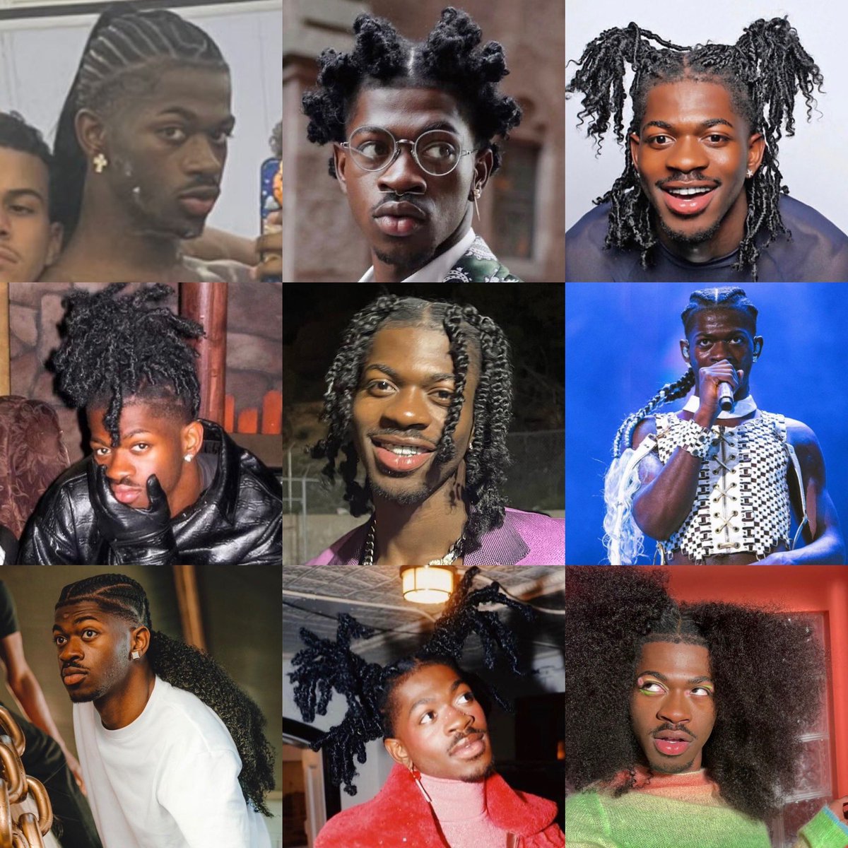 MONTEROXMJ's tweet photo. let’s all sit down n’ have a conversation about lil nas x’s hairstyles this year https://t.co/9y0BKUTI49
