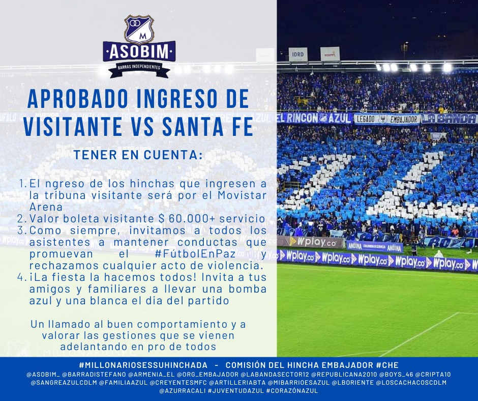 ASOBIM_'s tweet photo. Información importante para el próximo clásico de visitantes
#MillonariosEsSuHinchada #ASOBIM #CHE https://t.co/0OeE9vnRgK