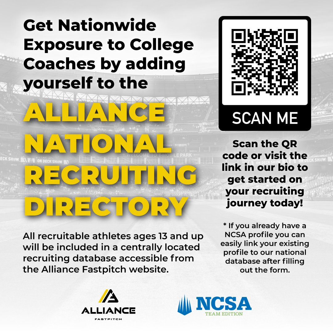 Atlantic Coast Fastpitch League | ACFL (@acflfastpitch) on Twitter photo π the new <a href="/thealliancefp/">The Alliance Fastpitch</a> x <a href="/ncsa/">NCSA College Recruiting</a> National Recruiting Directory π₯
Every athlete, regardless of what team they play for or where they're from,
will be linked in one place for college coaches to recruit.
Complete this quick form to get started: bit.ly/41aDatr π the new <a href="/thealliancefp/">The Alliance Fastpitch</a> x <a href="/ncsa/">NCSA College Recruiting</a> National Recruiting Directory π₯
Every athlete, regardless of what team they play for or where they're from,
will be linked in one place for college coaches to recruit.
Complete this quick form to get started: bit.ly/41aDatr