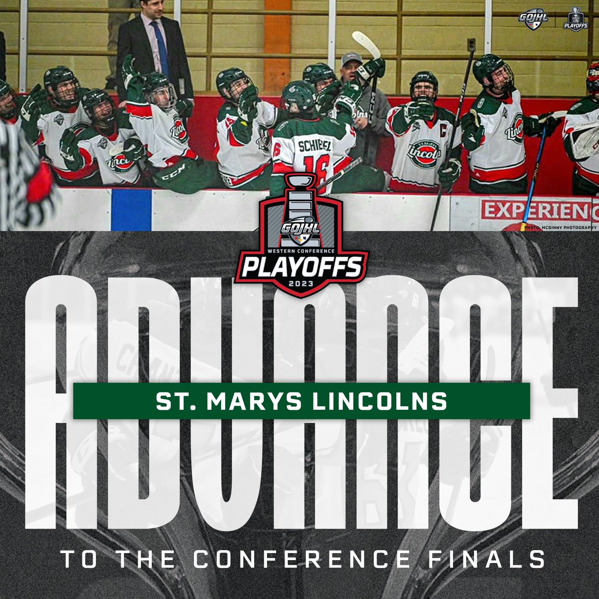 The @stmlincolns defeat the @LondonNationals to advance to the Western Conference Finals! 

#SutherlandCup | #GOJHL