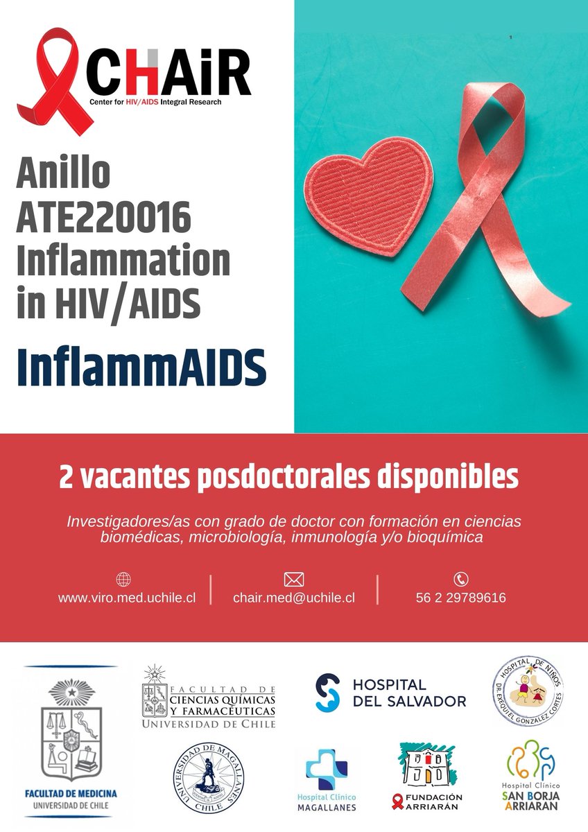 CHAIR_VIH's tweet photo. Proyecto Anillo "Inflammation in HIV/AIDS (InflammAIDS)" ofrece 2 posiciones postdoctorales.
Postulaciones hasta el 15 de abril en chair.med@uchile.cl
Bases: https://t.co/rzNYjAUnDP
#InflammAIDS @LabMolCelVirol @CentrosAnid @ICBM_UChile @MedicinaUChile @uchile https://t.co/OHzgejOwkk