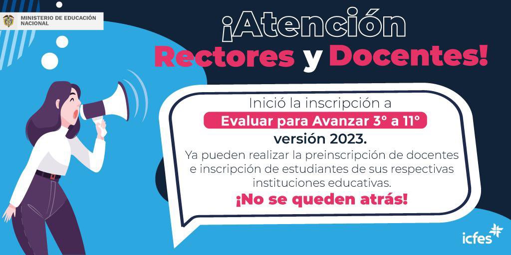 ICFEScol's tweet photo. ¡Rectores! Llegó el momento de inscribir a sus docentes y estudiantes.  
Prepárense para ser parte de #EvaluarParaAvanzar 3o a 11o - Versión 2023.  

☝🏽Recuerden,  su usuario ICFES PRISMA es la llave para ingresar a la plataforma: https://t.co/wC63cyiZx0 https://t.co/Xvm03bgrYc