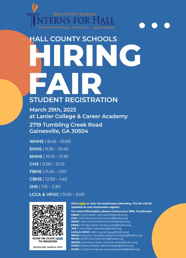 @Hall_Schools Hiring Fair sponsored by @HallCountyWBL March 29th #students REGISTER with the QR code below & businesses you can still sign up...see the flyers or contact kim.guy@hallco.org #wblworks @GvilleHallBiz @SouthHallRotary @Rotary_Gville