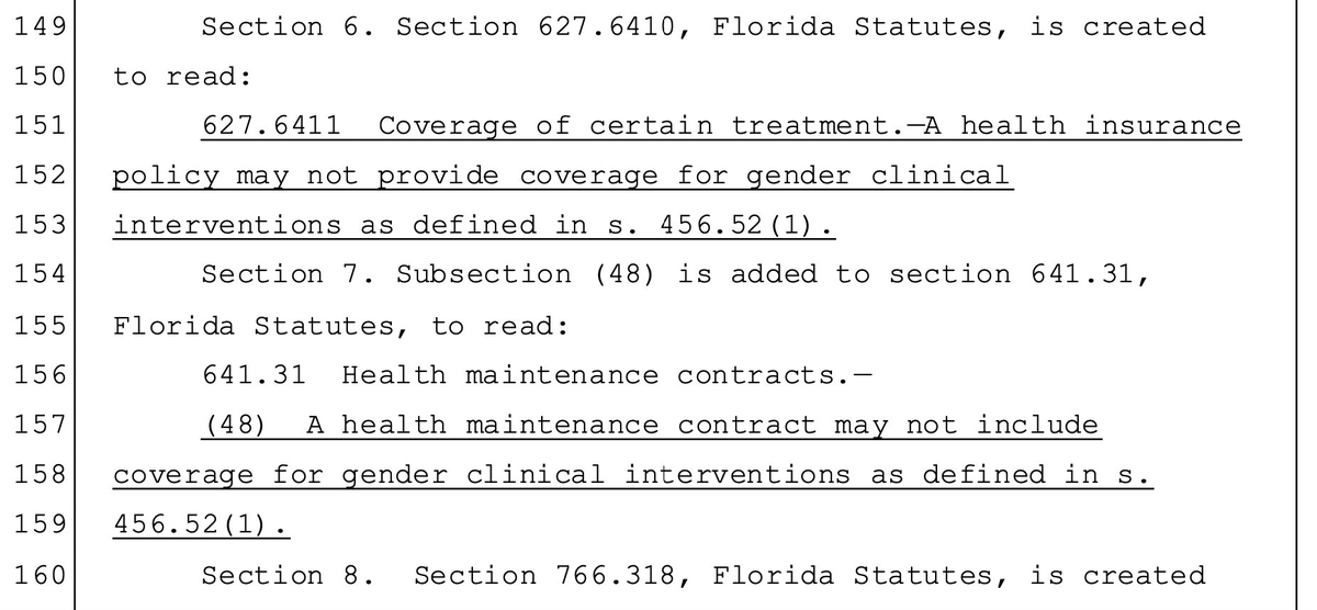 Florida HB1421, a bill which will be heard tomorrow, will ban insurance coverage for all trans procedures.

That includes private insurance.

It appears to do so for everyone - trans adults too.

It also forcibly detransitions trans youth.

It will be heard tomorrow at noon.