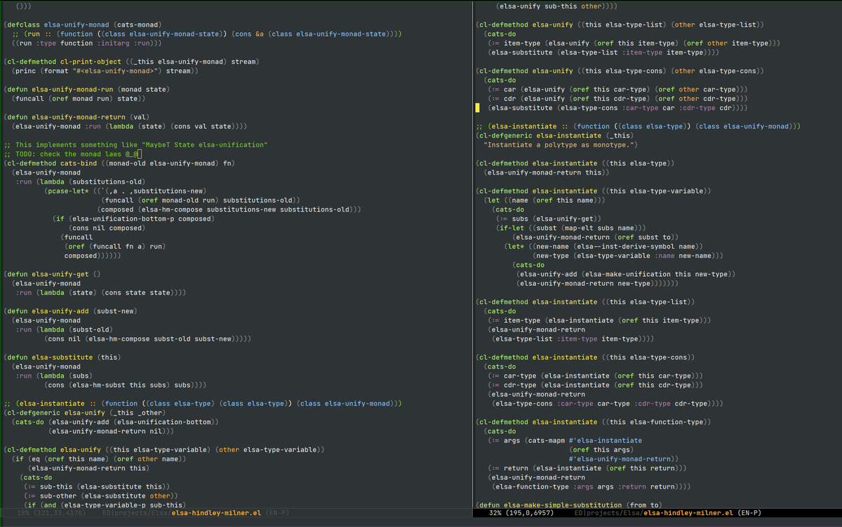 Fuco1337's tweet photo. I'm adding generic types to #Emacs #Elsa but got distracted implementing monads :D

On the left is the implementation of bind for the substitution monad (kind of a MaybeT State), on the right is the polytype instantiation and a bit of unification code.  Not a trivial example! https://t.co/7HzUTm8G4g