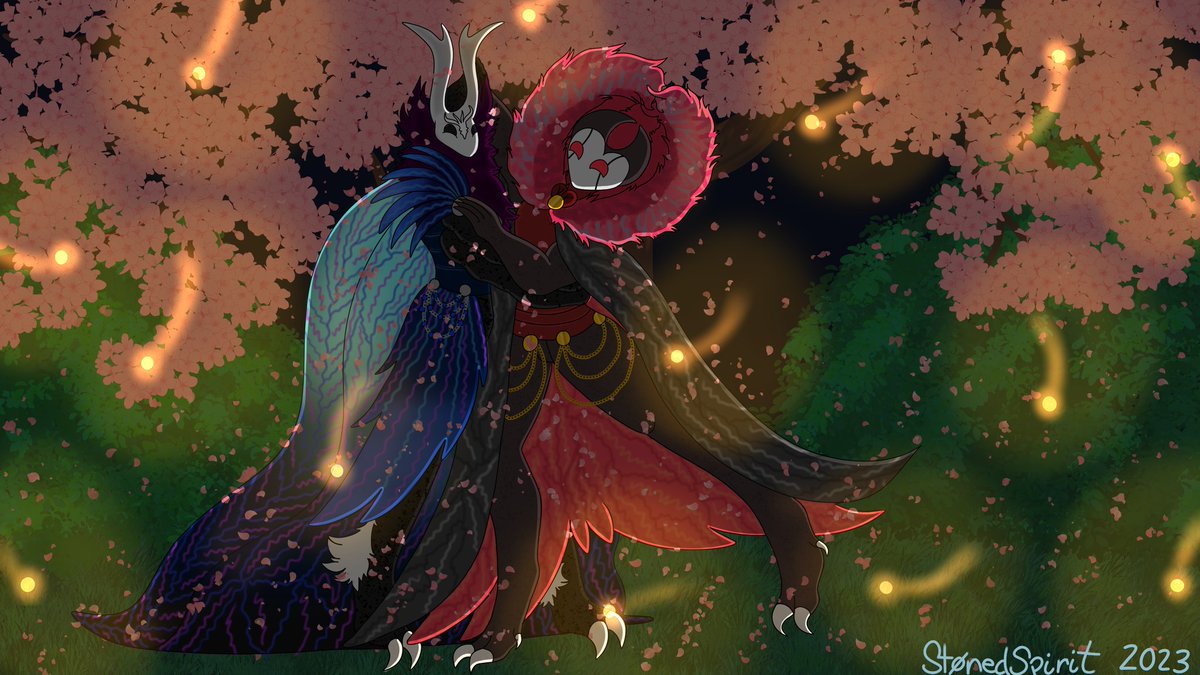 St0nedSpirit's tweet photo. A commission I finished #hollowknight #hollowknightfanart #art #DigitalArtist #digitalartwork #dancing #Firefly #CherryBlossoms #moonlight #love https://t.co/VvHmqIwZnj