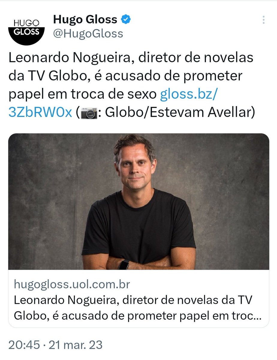 não tem pão velho pra você hugo gloss, só pix. mas aí vai ter que ter pra mim também né?

apagou mas agora todo mundo ja sabe que Leonardo Nogueira prometeu papel pra atriz em troca de sexo