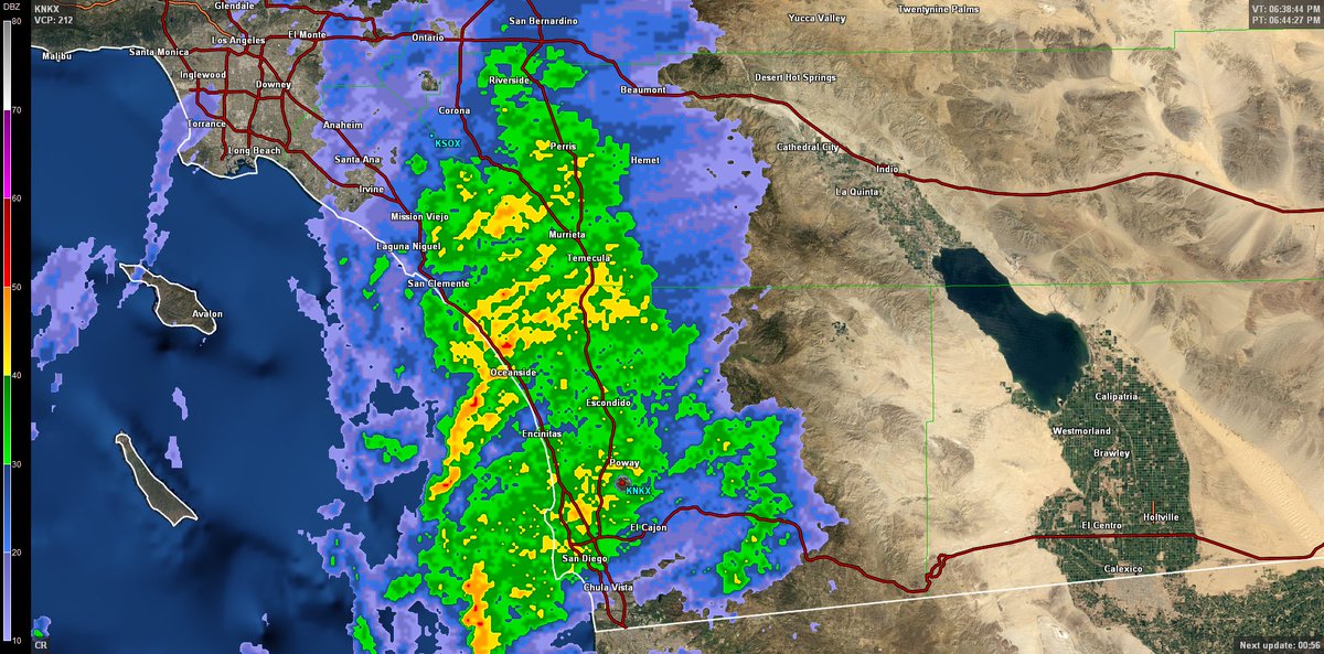 NWSSanDiego's tweet photo. NWS radar depicting widespread rain and heavy showers across all of western San Diego county in the #CAstorm early evening #commute #CAWX - roadways may flood in low lying areas or poor drainages and standing water will occur on highways https://t.co/eA7UQCWvid