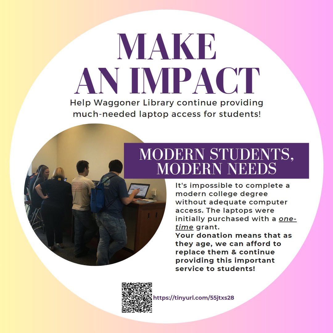 TNUWaggonerLibr's tweet photo. A key way Waggoner Library has been able to support students is by providing laptops so they can do their work. Partner with us on Trevecca Giving Day 2023 to help us continue to provide laptops to students!

Even a little can make a difference! https://t.co/XFsDtyHWVs https://t.co/1judNBQpwJ