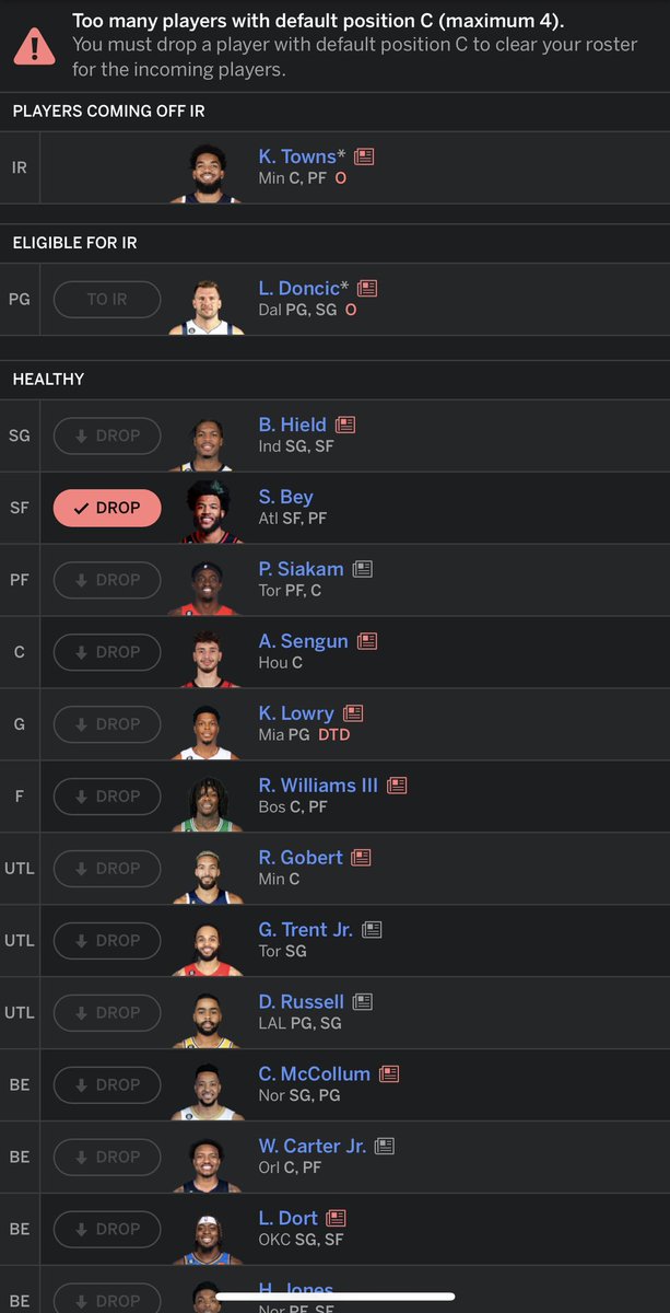 mrlongbine's tweet photo. Seriously @ESPNFantasy ?! You’re going to list BOTH Gobert and Towns primary positions as C, forcing me to drop either Gobert/Sengun/Carter Jr. or Willams II…IN THE PLAYOFFS?!?!?!

Which one of you rocket scientists is responsible for this nonsense 🤬 https://t.co/jZE2yeBY87