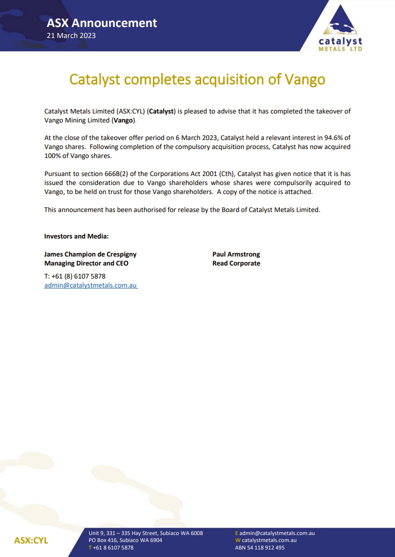 RR_Stars's tweet image. #Catalyst Metals advised that it has completed the takeover of #Vango Mining Limited. 

ow.ly/tmQi50NoB2U

#CYL #takeover #acquisition #investors #ASXNews