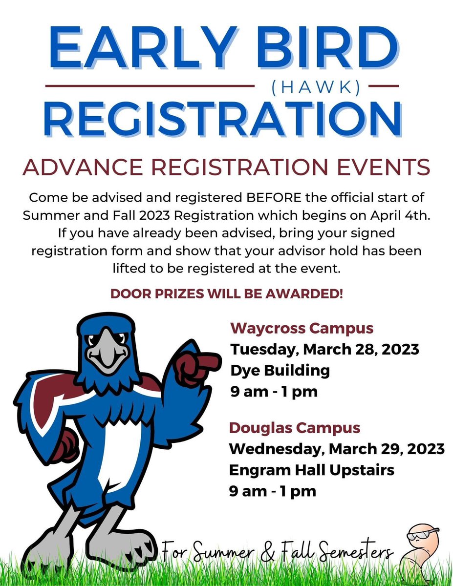 southGAstate's tweet photo. It's that time again! Current Hawks, prepare for summer and fall semesters by attending Early Bird Registration to be able to get the classes you need before regular registration begins April 4th. #RegisterForClasses https://t.co/aKbLLVgLbz
