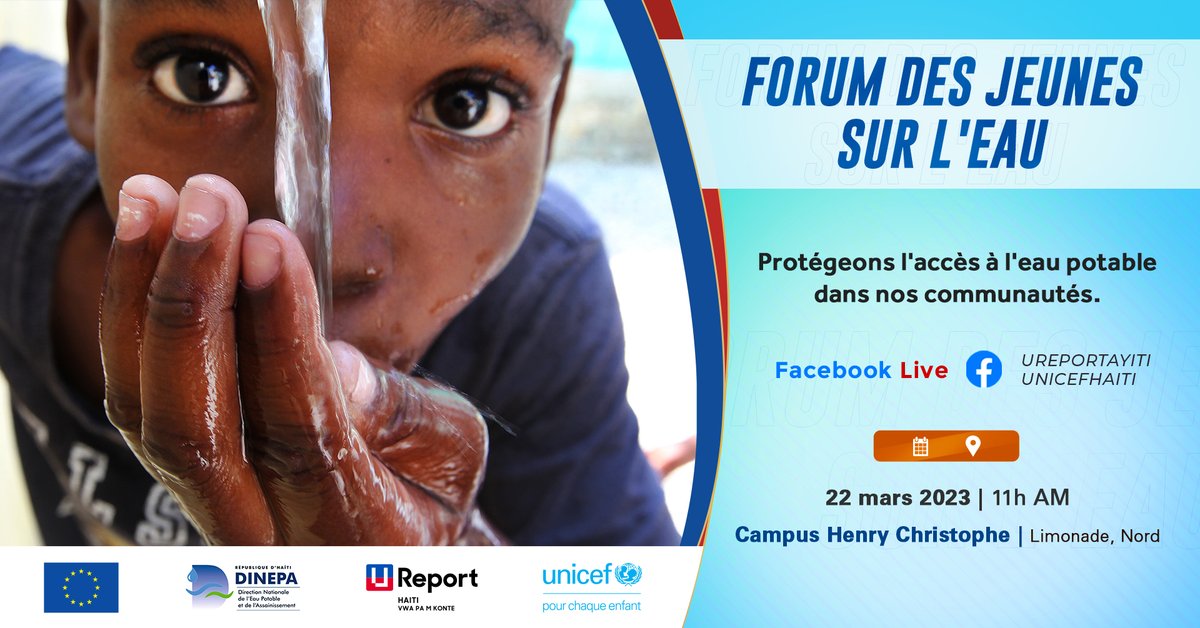 UNICEFHaiti's tweet photo. Dans quelques minutes, à 11.00, suivez le Facebook Live des U-Reporters sur UNICEF Haiti.
Forum des jeunes sur l’accès à l’eau organisé par l’UNICEF et la DINEPA, avec l’appui de l’Union Européenne.
#PMSAN #JourneeMondialeDelEau
@EUDelegationHt @DINEPA @UNICEF @UReportGlobal https://t.co/mh0cies42H