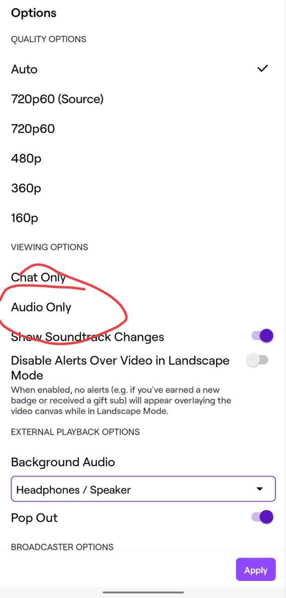 bhearsum's tweet photo. @LanceStorm FYI, if you click the gear in the top right of a video in the Twitch app you can switch to audio only mode, and it'll play with the screen off. https://t.co/wAtGnSat0H