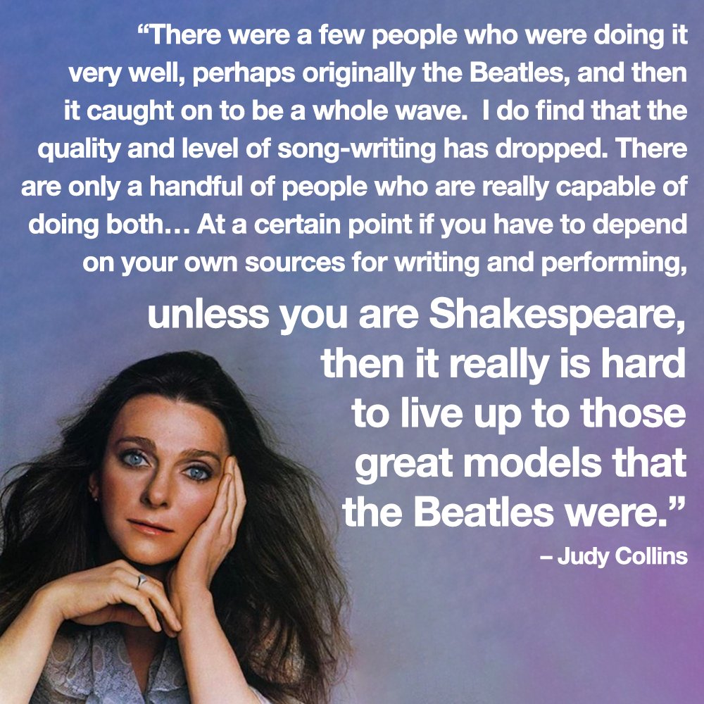 BeatlesPraise's tweet photo. Singer/songwriters? @TheJudyCollins is among those who question whether the DIY ethos in popular music has always been for the good: "The idea of being the complete singer-songwriter-performer was extremely appealing...”
#JudyCollins #BothSidesNow #TheBeatles #LetUsNowPraise https://t.co/f9IvWeoJp2