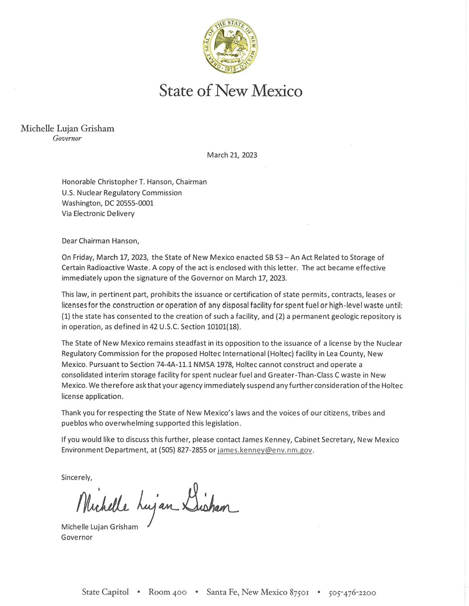 .@GovMLG, @LtGovMorales, @Sen_MimiStewart, @senatorwirth, @RepGailChasey sent a letter to @NRCgov asking to suspend the licensing process for Holtec International under our new state law. @jeff4nm @mcqueenfornm  bit.ly/42yF5J1