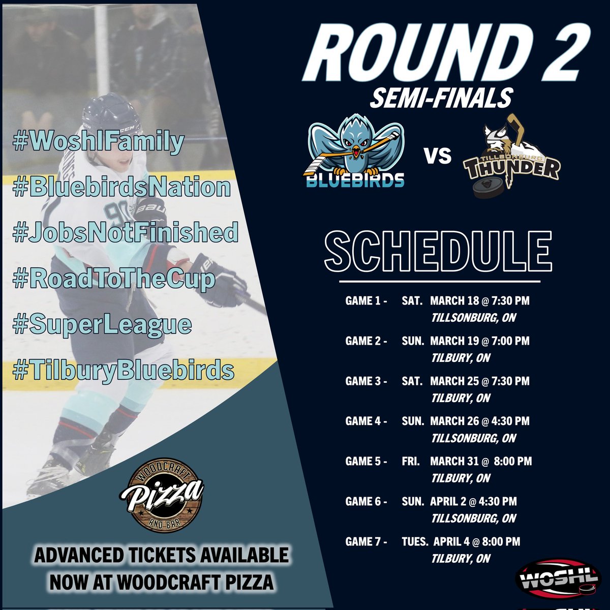 Tilbury Bluebirds fans and members of Bluebirds Nation. Our Semi Final schedule is now set in stone. Note game date and time changes for games 5 and 7, if necessary.
Let's pack the Birdhouse on Bond and drown out the Thunder!
#fearthebirds