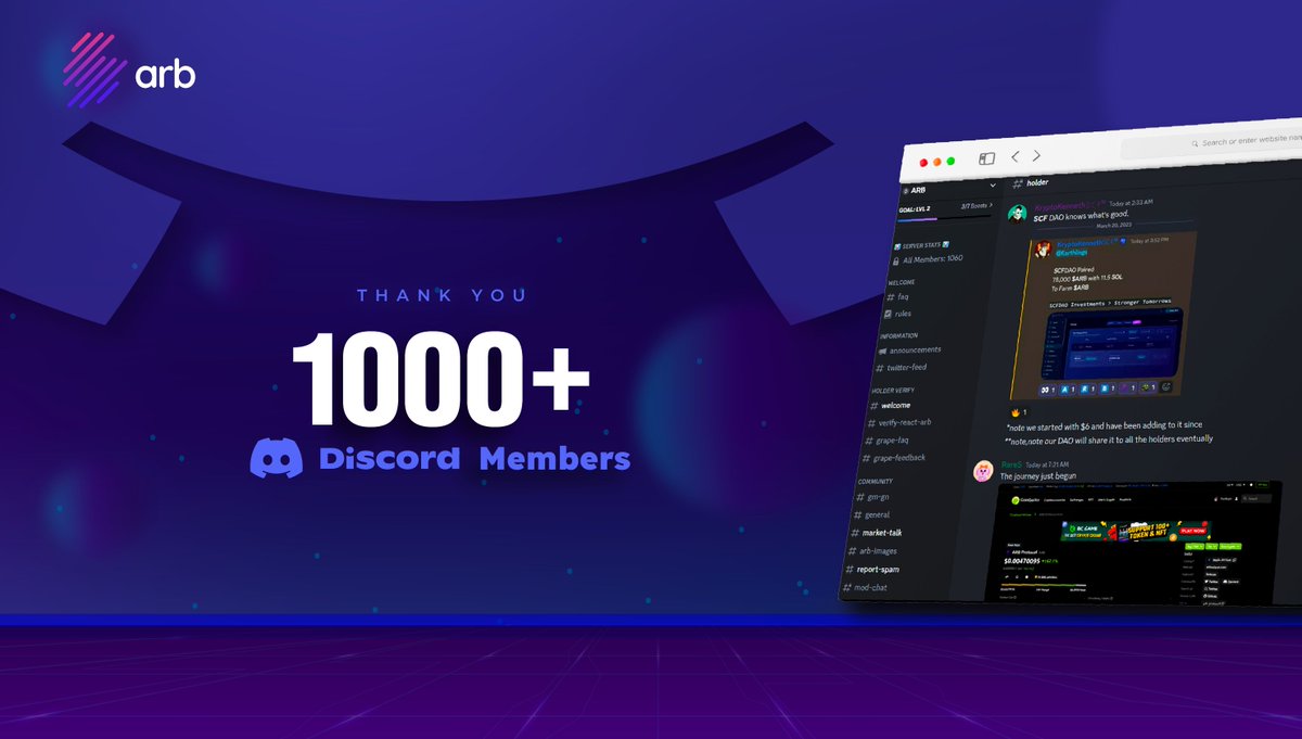 🎉Celebrating 1000 members in the $ARB Discord community!🎉

A huge thank you to all our members who've helped us get this far! Your support and contributions have been invaluable in making our community a vibrant and dynamic space for all things #Solana discord.gg/M4F8RKqgce