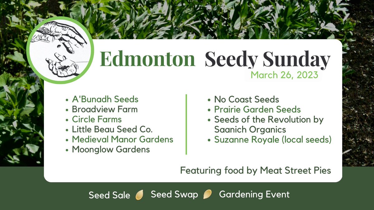 We're excited to have all these seed vendors join us this weekend for Seedy Sunday!

See you there <a href="/Broadviewfarm/">Roy Beck</a> <a href="/SaanichOrganics/">Heather Robin Rachel</a> <a href="/meatstpies/">Meat Street Pies</a> 

Get all the event details at, including speakers at edmontonseedysunday.org/2023-event.html