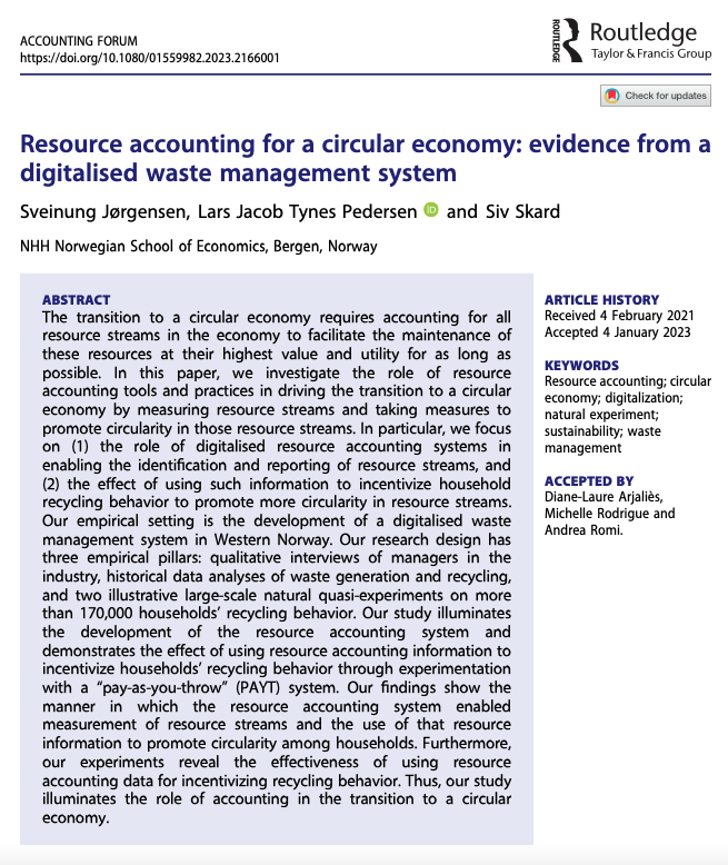 Hot Off the Press in #AccForum- Resource #accounting for a #circular #economy: evidence from a #digitalised #waste management system by <a href="/ungJorgensen/">Sveinung Jørgensen</a>, <a href="/LJTPedersen/">Lars Jacob Pedersen</a> &amp; <a href="/sivskard/">Siv Skard</a>.
<a href="/NHHnor/">NHH Norwegian School of Economics</a>
#wastemanagement #sustainability #circulareconomy
tandfonline.com/doi/full/10.10…
