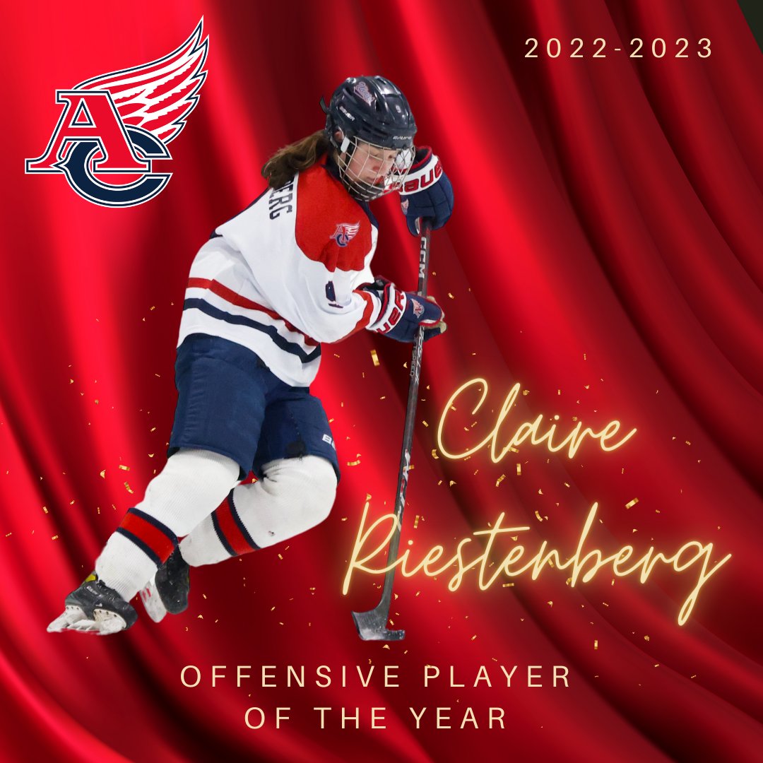 ACGirlsHSHockey's tweet photo. 🤩Who was our 2022-23 Offensive Player of the Year?  #9 Claire Riestenberg with 28 points this season (17 🚨, 11🍏). Way to light the lamp, Claire! #GoACWings ❤️💙 https://t.co/17XfjhDwIz