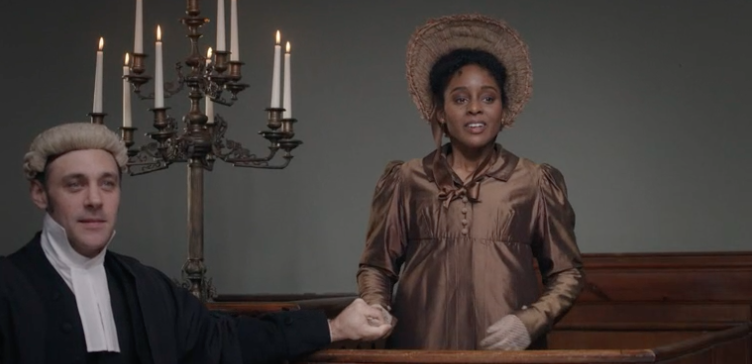 Hoodie622's tweet photo. The JOY!  

I only saw on the third time through that Samuel goes over and holds her hand while she faces down Lockhart.  I love the Colbourne brothers and their comfort in supporting roles.  
#SanditonS3 https://t.co/eZpAbHZ7VK