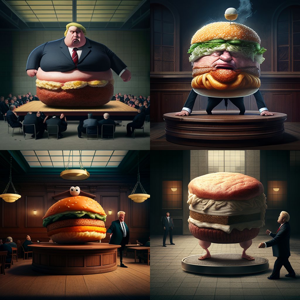 jonlovett's tweet photo. donald trump as a giant hamburger with arms and legs being arraigned in court for being overcooked https://t.co/ESlcrH3fOr