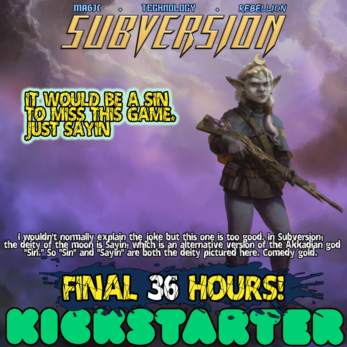 We are over the moon about how well Subversion is doing! But it can do better!

Join the goddess of the moon in supporting Subversion, now in the FINAL 36 Hours of the Kickstarter!

Community, Rebellion, in the Cyberpunk Fantasy city of Neo Babylon!

kickstarter.com/projects/fragg…