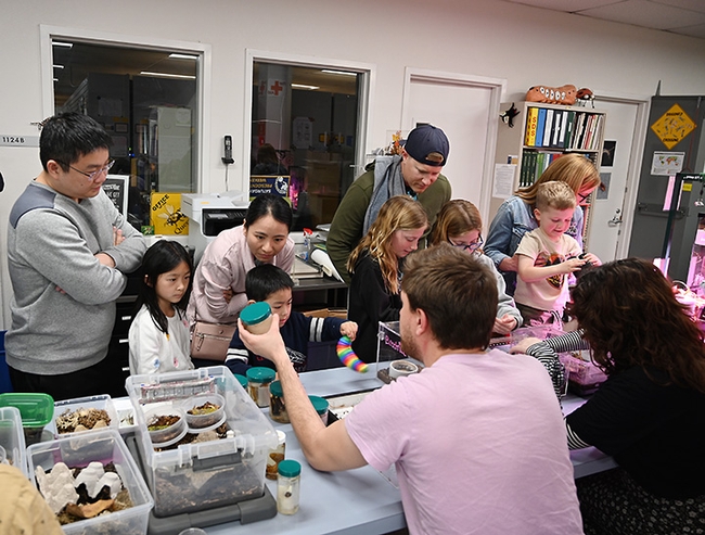 UCDavisEntomolo's tweet photo. Bohart Museum of Entomology's open house on "Many-Legged Wonders" at #ucdavis not only draws legs, but eyes, ears and hands, too! Lots of interaction. What a fantastic open house! Thanks to the Jason Bond arachnology lab. #BugSquad 
https://t.co/gg5SPboALl https://t.co/vjvp5PAhnb
