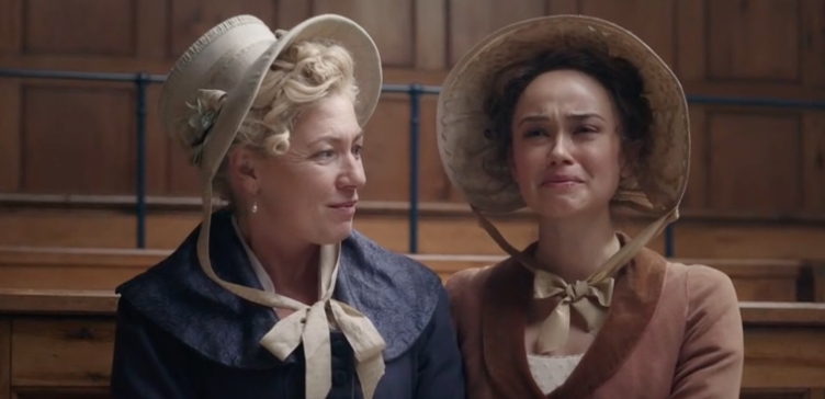 Hoodie622's tweet photo. The JOY!  

I only saw on the third time through that Samuel goes over and holds her hand while she faces down Lockhart.  I love the Colbourne brothers and their comfort in supporting roles.  
#SanditonS3 https://t.co/eZpAbHZ7VK