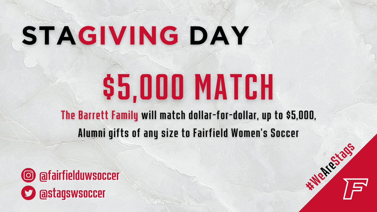 StagsWSoccer's tweet photo. Calling all alumni‼️

The Barrett Family has pledged a dollar-for-dollar match of up to $5,000 in Alumni #STAGiving Day gifts to support our program‼️

➡️ https://t.co/2s8Mw6nJ5M

#WeAreStags #StagsCare #StagsLead 🤘⚽ https://t.co/krV01xNBMR