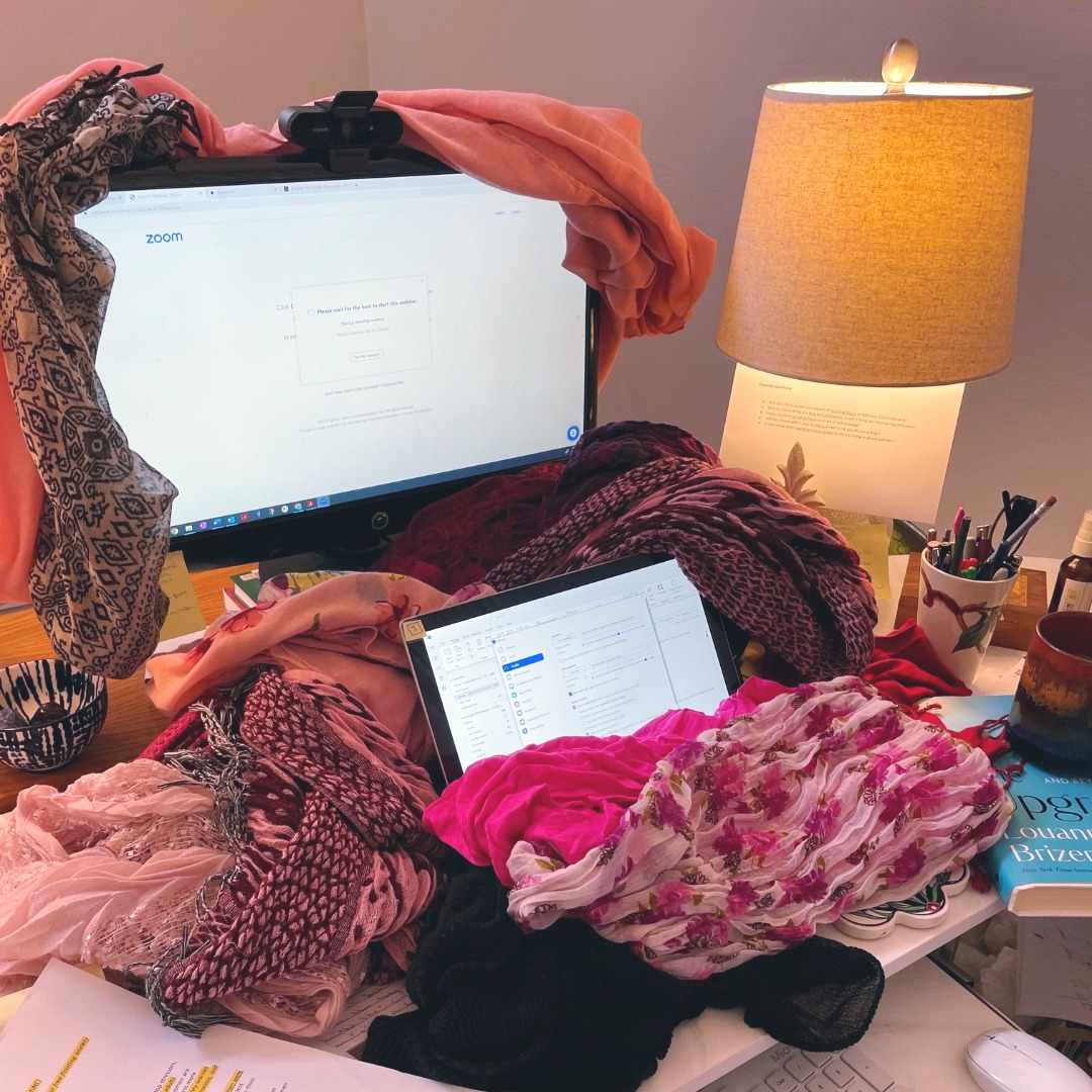 Mikelann's tweet photo. Okay- I covered my entire desk with scarfs trying to fix the sound  (dampen the echo) for a recent podcast I guested on. Time for a new mic! It was hard to see my lower screen… #creativesolutions #podcastlife #podcastguestspeaker #podcastguest #podcasting #seattlemoneycoach https://t.co/Yj1xMBo4ks