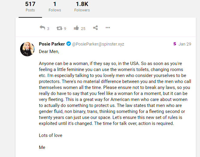 LilahRPGtt's tweet image. Here is Posie, encouraging cis men to pretend to be trans, and enter Women's bathrooms to "protect" them against actual trans ppl.

The thing terfs are saying they're "scared of" they're the ones actively encouraging.

Violent cis men in women's bathrooms

web.archive.org/web/2021020711…