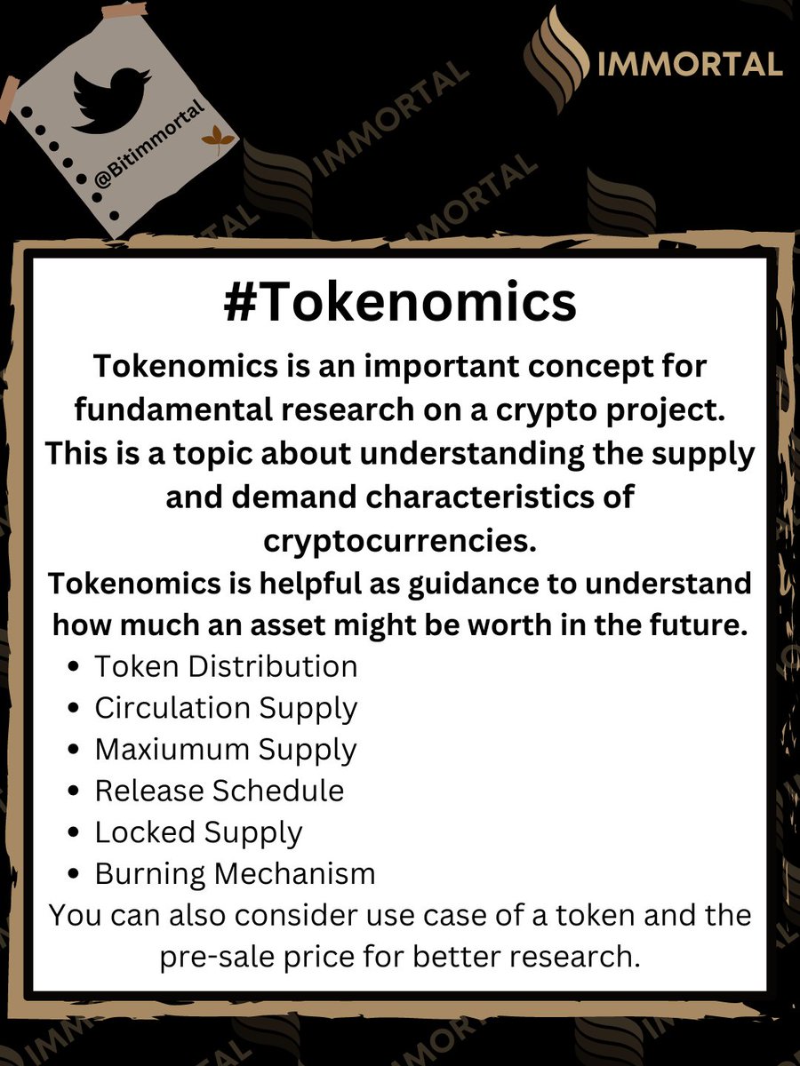 BitImmortal's tweet photo. #Tokenomics is an important aspect of determining the success of a crypto project. A well-designed, transparent token economy is more likely to succeed in the long term. 

#Crypto #education https://t.co/poRAIJckjW