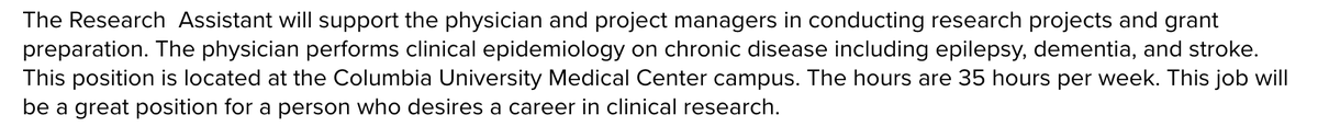 Neurology Research Assistant <a href="/ColumbiaMed/">Columbia Medicine</a> NY
Info/Apply HERE: opportunities.columbia.edu/jobs/research-…

#InsideTheMatch