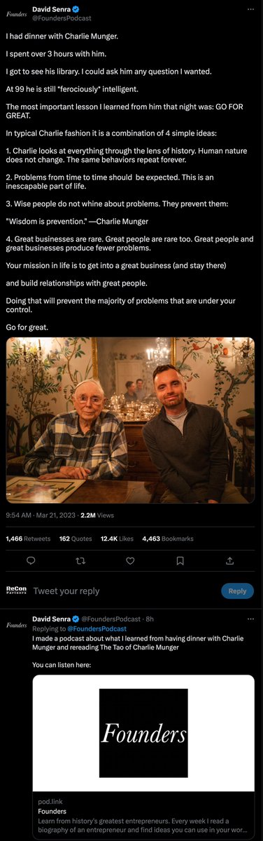 "I Had Dinner With Charlie Munger"

I listened to this GREAT <a href="/FoundersPodcast/">David Senra</a>  today speaking to the wisdom of building relationships with great people while pursuing greatness coupled with the patience of the long game. It's so good...enjoy! pod.link/founders/episo…