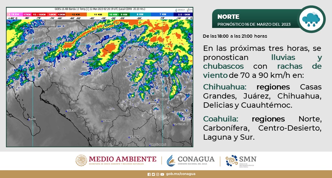 🚩Fuertes #Rachas de #Viento y #Lluvias ligeras, se pronostican esta noche, en zonas de #Chihuahua y #Coahuila ⬇️